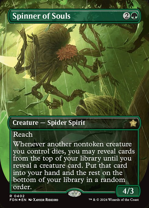 Reach
Whenever another nontoken creature you control dies, you may reveal cards from the top of your library until you reveal a creature card. Put that card into your hand and the rest on the bottom of your library in a random order.