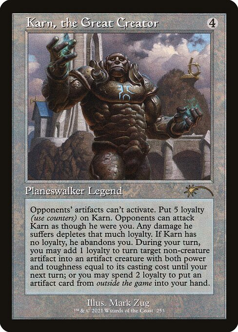 Activated abilities of artifacts your opponents control can't be activated.
+1: Until your next turn, up to one target noncreature artifact becomes an artifact creature with power and toughness each equal to its mana value.
−2: You may reveal an artifact card you own from outside the game or choose a face-up artifact card you own in exile. Put that card into your hand.