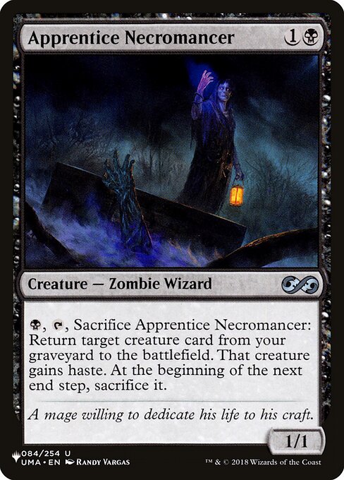 {B}, {T}, Sacrifice Apprentice Necromancer: Return target creature card from your graveyard to the battlefield. That creature gains haste. At the beginning of the next end step, sacrifice it.
