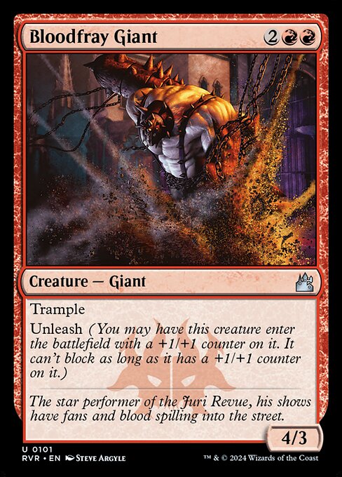 Trample
Unleash (You may have this creature enter the battlefield with a +1/+1 counter on it. It can't block as long as it has a +1/+1 counter on it.)