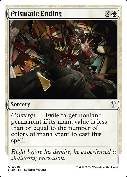 Converge — Exile target nonland permanent if its mana value is less than or equal to the number of colors of mana spent to cast this spell.