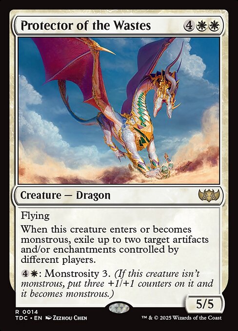 Flying
When this creature enters or becomes monstrous, exile up to two target artifacts and/or enchantments controlled by different players.
{4}{W}: Monstrosity 3. (If this creature isn't monstrous, put three +1/+1 counters on it and it becomes monstrous.)
