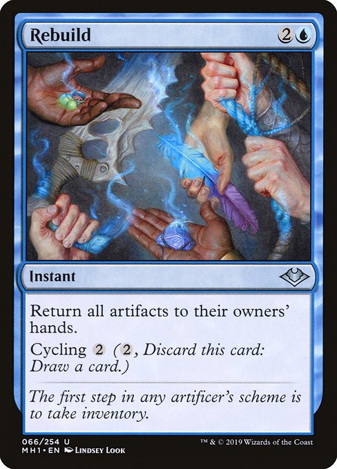 Return all artifacts to their owners' hands.
Cycling {2} ({2}, Discard this card: Draw a card.)