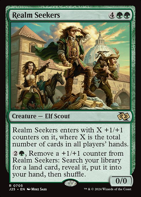 Realm Seekers enters with X +1/+1 counters on it, where X is the total number of cards in all players' hands.
{2}{G}, Remove a +1/+1 counter from Realm Seekers: Search your library for a land card, reveal it, put it into your hand, then shuffle.