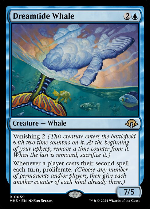 Vanishing 2 (This creature enters the battlefield with two time counters on it. At the beginning of your upkeep, remove a time counter from it. When the last is removed, sacrifice it.)
Whenever a player casts their second spell each turn, proliferate. (Choose any number of permanents and/or players, then give each another counter of each kind already there.)