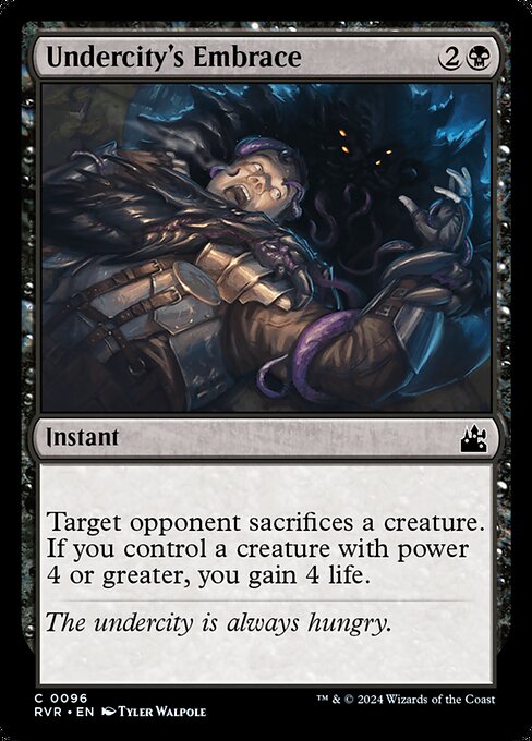 Target opponent sacrifices a creature. If you control a creature with power 4 or greater, you gain 4 life.