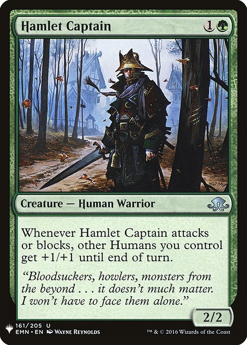 Whenever Hamlet Captain attacks or blocks, other Humans you control get +1/+1 until end of turn.