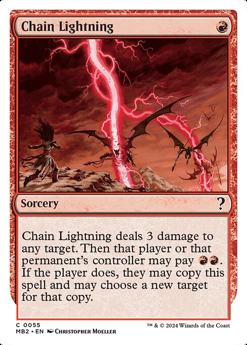 Chain Lightning deals 3 damage to any target. Then that player or that permanent's controller may pay {R}{R}. If the player does, they may copy this spell and may choose a new target for that copy.
