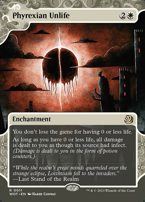 You don't lose the game for having 0 or less life.
As long as you have 0 or less life, all damage is dealt to you as though its source had infect. (Damage is dealt to you in the form of poison counters.)