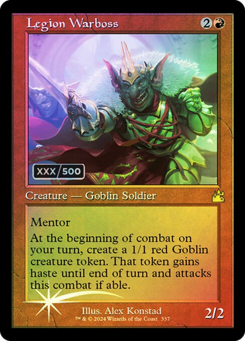 Mentor (Whenever this creature attacks, put a +1/+1 counter on target attacking creature with lesser power.)
At the beginning of combat on your turn, create a 1/1 red Goblin creature token. That token gains haste until end of turn and attacks this combat if able.