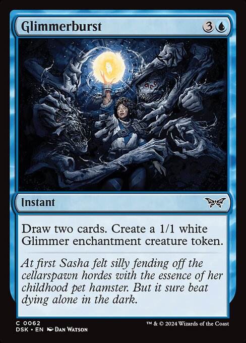 Draw two cards. Create a 1/1 white Glimmer enchantment creature token.