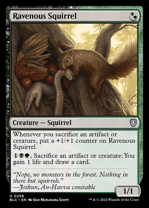 Whenever you sacrifice an artifact or creature, put a +1/+1 counter on Ravenous Squirrel.
{1}{B}{G}, Sacrifice an artifact or creature: You gain 1 life and draw a card.