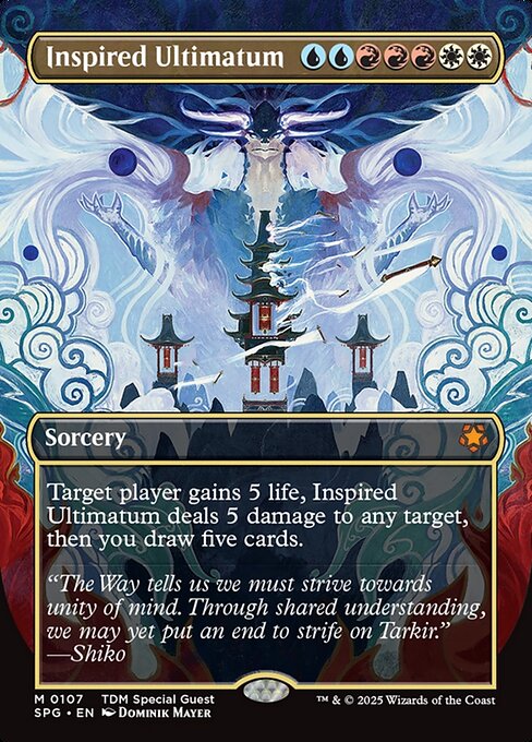 Target player gains 5 life, Inspired Ultimatum deals 5 damage to any target, then you draw five cards.