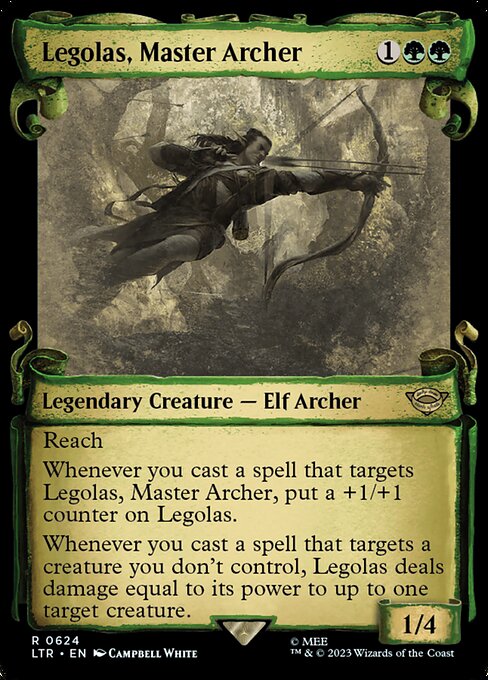 Reach
Whenever you cast a spell that targets Legolas, Master Archer, put a +1/+1 counter on Legolas.
Whenever you cast a spell that targets a creature you don't control, Legolas deals damage equal to its power to up to one target creature.