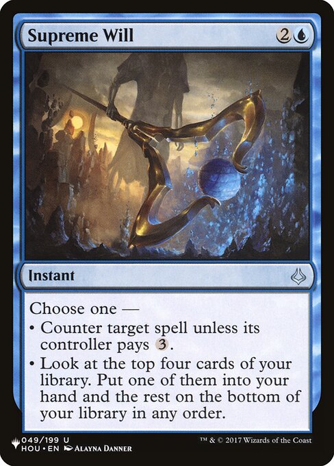 Choose one —
• Counter target spell unless its controller pays {3}.
• Look at the top four cards of your library. Put one of them into your hand and the rest on the bottom of your library in any order.