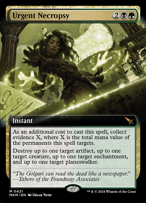 As an additional cost to cast this spell, collect evidence X, where X is the total mana value of the permanents this spell targets.
Destroy up to one target artifact, up to one target creature, up to one target enchantment, and up to one target planeswalker.