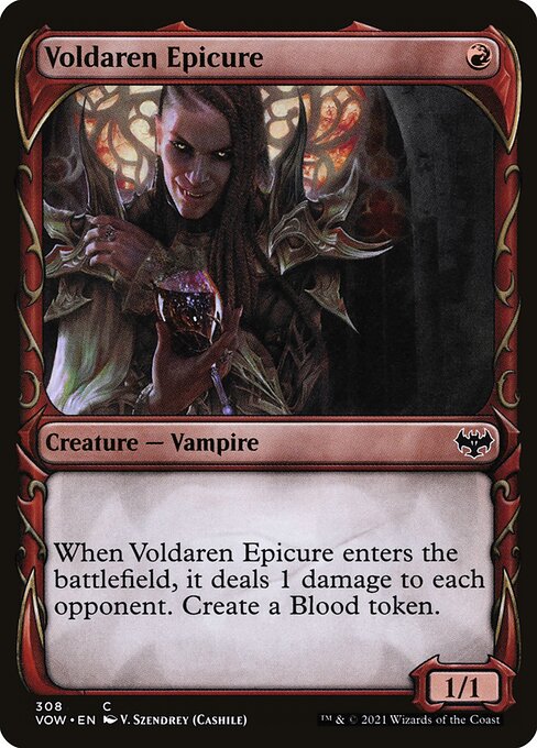 When Voldaren Epicure enters the battlefield, it deals 1 damage to each opponent. Create a Blood token. (It's an artifact with "{1}, {T}, Discard a card, Sacrifice this artifact: Draw a card.")