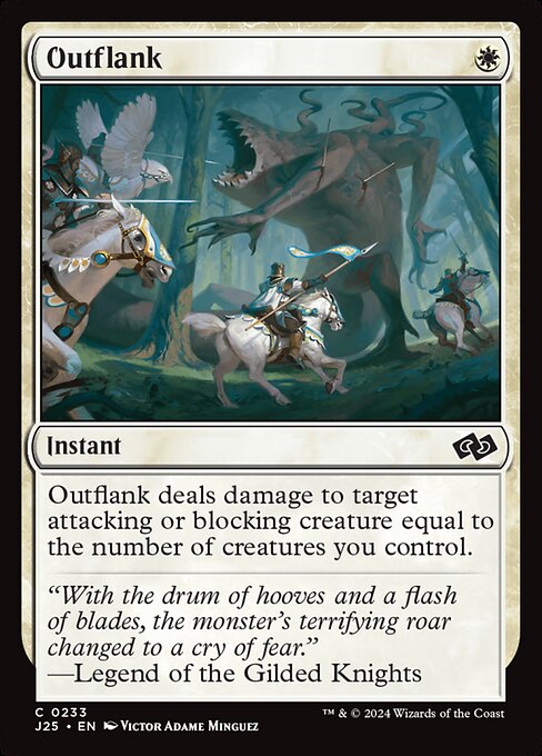 Outflank deals damage to target attacking or blocking creature equal to the number of creatures you control.
