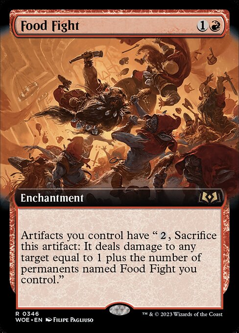 Artifacts you control have "{2}, Sacrifice this artifact: It deals damage to any target equal to 1 plus the number of permanents named Food Fight you control."