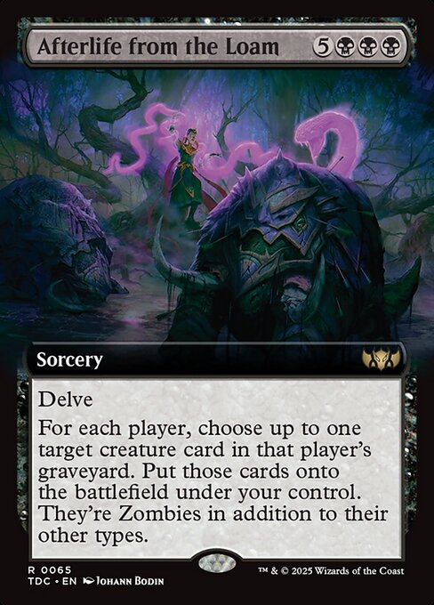Delve (Each card you exile from your graveyard while casting this spell pays for {1}.)
For each player, choose up to one target creature card in that player's graveyard. Put those cards onto the battlefield under your control. They're Zombies in addition to their other types.