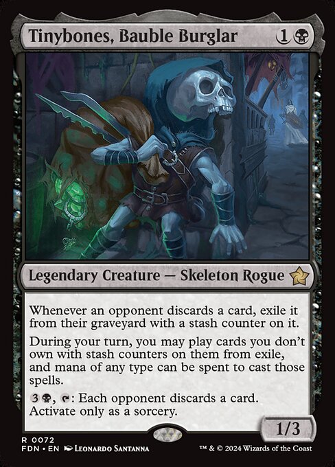 Whenever an opponent discards a card, exile it from their graveyard with a stash counter on it.
During your turn, you may play cards you don't own with stash counters on them from exile, and mana of any type can be spent to cast those spells.
{3}{B}, {T}: Each opponent discards a card. Activate only as a sorcery.