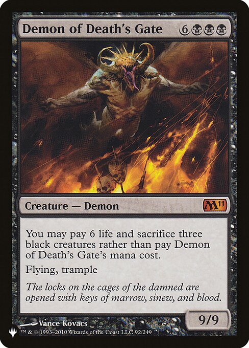 You may pay 6 life and sacrifice three black creatures rather than pay this spell's mana cost.
Flying, trample