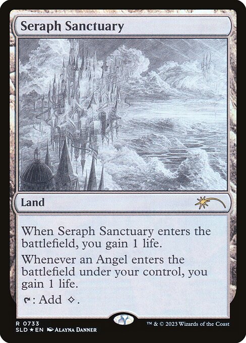 When Seraph Sanctuary enters the battlefield, you gain 1 life.
Whenever an Angel enters the battlefield under your control, you gain 1 life.
{T}: Add {C}.
