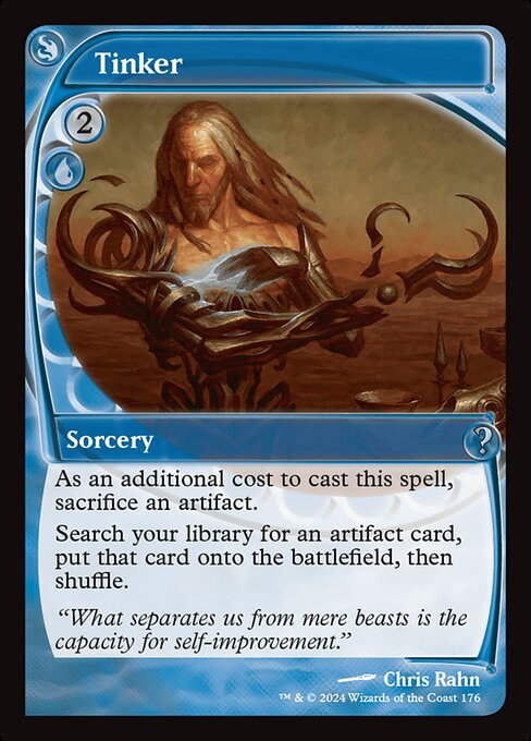 As an additional cost to cast this spell, sacrifice an artifact.
Search your library for an artifact card, put that card onto the battlefield, then shuffle.