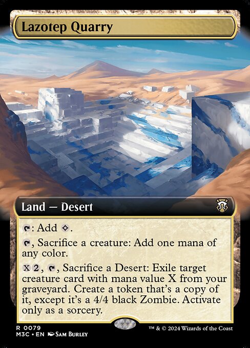 {T}: Add {C}.
{T}, Sacrifice a creature: Add one mana of any color.
{X}{2}, {T}, Sacrifice a Desert: Exile target creature card with mana value X from your graveyard. Create a token that's a copy of it, except it's a 4/4 black Zombie. Activate only as a sorcery.