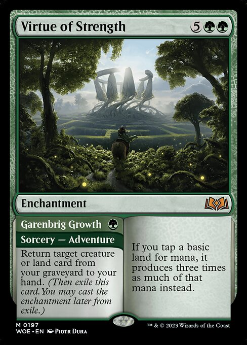 If you tap a basic land for mana, it produces three times as much of that mana instead.   Return target creature or land card from your graveyard to your hand. (Then exile this card. You may cast the enchantment later from exile.)