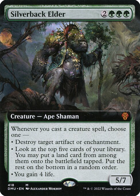 Whenever you cast a creature spell, choose one —
• Destroy target artifact or enchantment.
• Look at the top five cards of your library. You may put a land card from among them onto the battlefield tapped. Put the rest on the bottom of your library in a random order.
• You gain 4 life.