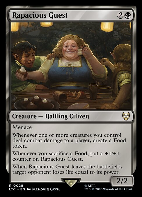 Menace
Whenever one or more creatures you control deal combat damage to a player, create a Food token.
Whenever you sacrifice a Food, put a +1/+1 counter on Rapacious Guest.
When Rapacious Guest leaves the battlefield, target opponent loses life equal to its power.