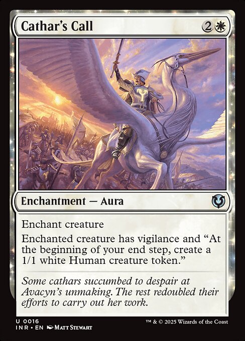 Enchant creature
Enchanted creature has vigilance and At the beginning of your end step, create a 1/1 white Human creature token.