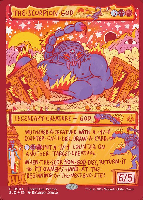Whenever a creature with a -1/-1 counter on it dies, draw a card.
{1}{B}{R}: Put a -1/-1 counter on another target creature.
When The Scorpion God dies, return it to its owner's hand at the beginning of the next end step.
