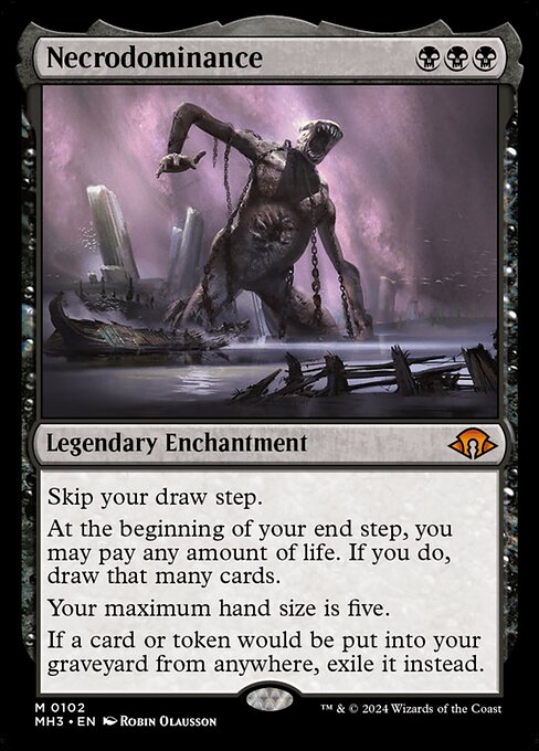 Skip your draw step.
At the beginning of your end step, you may pay any amount of life. If you do, draw that many cards.
Your maximum hand size is five.
If a card or token would be put into your graveyard from anywhere, exile it instead.