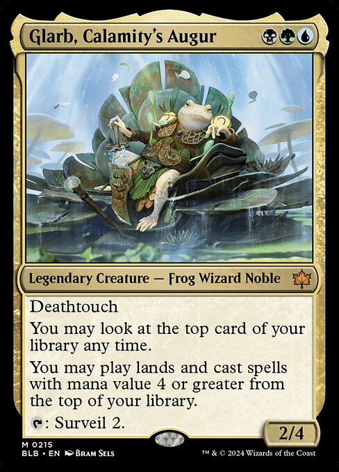 Deathtouch
You may look at the top card of your library any time.
You may play lands and cast spells with mana value 4 or greater from the top of your library.
{T}: Surveil 2.