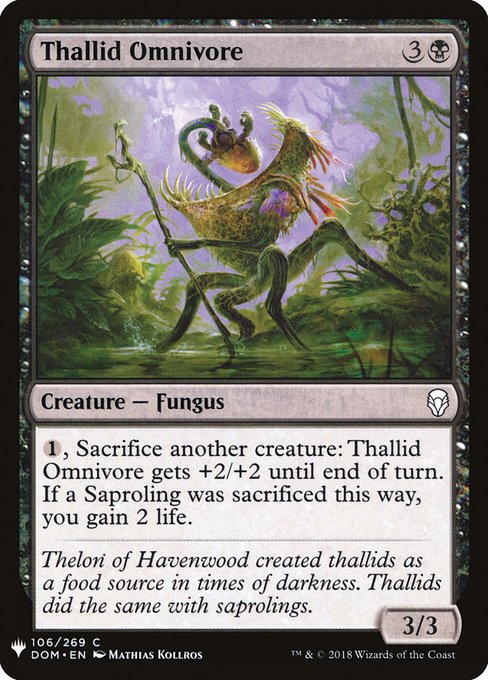 {1}, Sacrifice another creature: Thallid Omnivore gets +2/+2 until end of turn. If a Saproling was sacrificed this way, you gain 2 life.