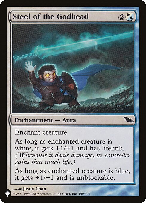 Enchant creature
As long as enchanted creature is white, it gets +1/+1 and has lifelink. (Damage dealt by the creature also causes its controller to gain that much life.)
As long as enchanted creature is blue, it gets +1/+1 and can't be blocked.