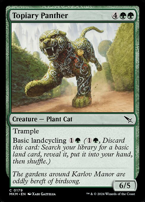 Trample
Basic landcycling {1}{G} ({1}{G}, Discard this card: Search your library for a basic land card, reveal it, put it into your hand, then shuffle.)