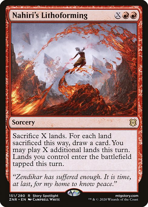 Sacrifice X lands. For each land sacrificed this way, draw a card. You may play X additional lands this turn. Lands you control enter the battlefield tapped this turn.