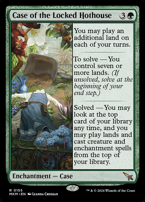 You may play an additional land on each of your turns.
To solve — You control seven or more lands. (If unsolved, solve at the beginning of your end step.)
Solved — You may look at the top card of your library any time, and you may play lands and cast creature and enchantment spells from the top of your library.