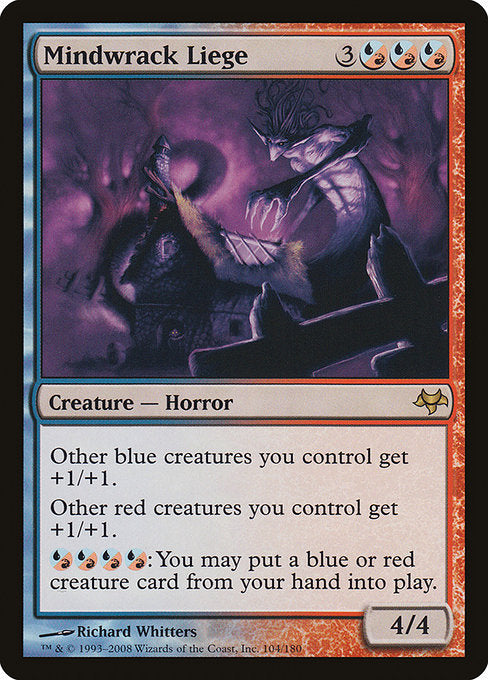 Other blue creatures you control get +1/+1.
Other red creatures you control get +1/+1.
{U/R}{U/R}{U/R}{U/R}: You may put a blue or red creature card from your hand onto the battlefield.