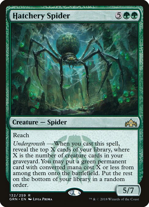Reach
Undergrowth — When you cast this spell, reveal the top X cards of your library, where X is the number of creature cards in your graveyard. You may put a green permanent card with mana value X or less from among them onto the battlefield. Put the rest on the bottom of your library in a random order.