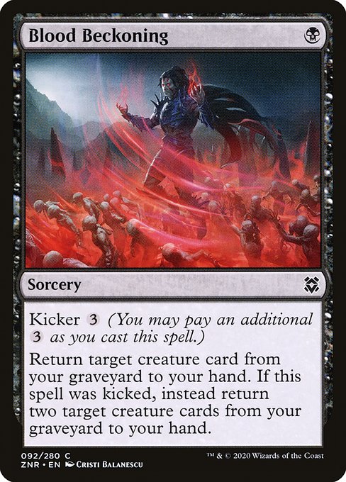 Kicker {3} (You may pay an additional {3} as you cast this spell.)
Return target creature card from your graveyard to your hand. If this spell was kicked, instead return two target creature cards from your graveyard to your hand.