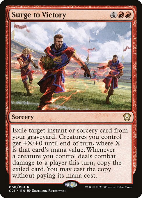Exile target instant or sorcery card from your graveyard. Creatures you control get +X/+0 until end of turn, where X is that card's mana value. Whenever a creature you control deals combat damage to a player this turn, copy the exiled card. You may cast the copy without paying its mana cost.
