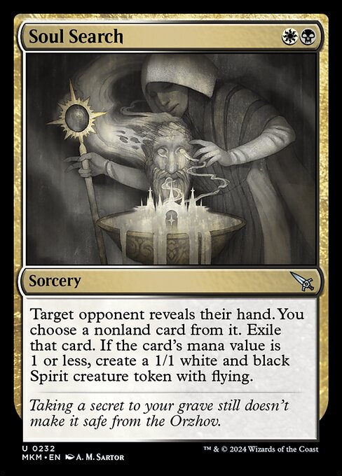 Target opponent reveals their hand. You choose a nonland card from it. Exile that card. If the card's mana value is 1 or less, create a 1/1 white and black Spirit creature token with flying.