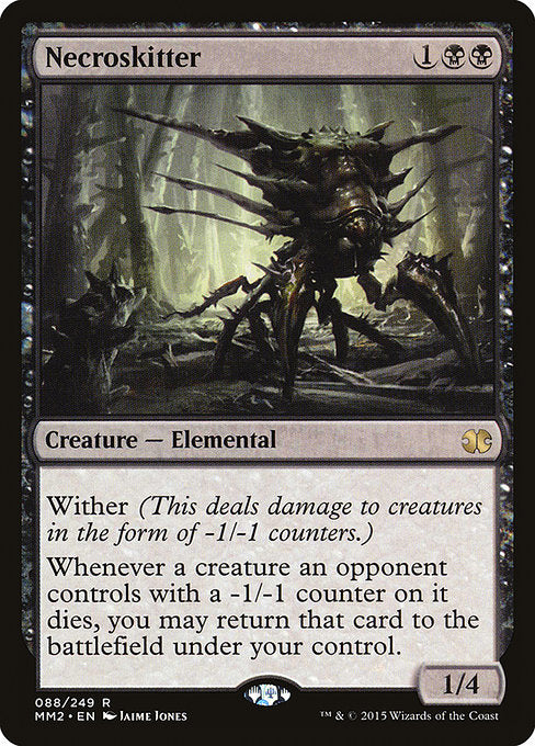 Wither (This deals damage to creatures in the form of -1/-1 counters.)
Whenever a creature an opponent controls with a -1/-1 counter on it dies, you may return that card to the battlefield under your control.