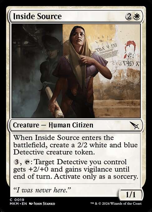 When Inside Source enters the battlefield, create a 2/2 white and blue Detective creature token.
{3}, {T}: Target Detective you control gets +2/+0 and gains vigilance until end of turn. Activate only as a sorcery.