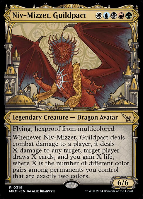 Flying, hexproof from multicolored
Whenever Niv-Mizzet, Guildpact deals combat damage to a player, it deals X damage to any target, target player draws X cards, and you gain X life, where X is the number of different color pairs among permanents you control that are exactly two colors.