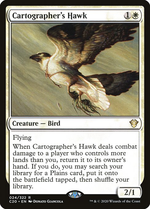 Flying
When Cartographer's Hawk deals combat damage to a player who controls more lands than you, return it to its owner's hand. If you do, you may search your library for a Plains card, put it onto the battlefield tapped, then shuffle.